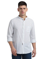 Turtle Men Cotton Linen Grey Stripe Slim Fit Casual Shirt