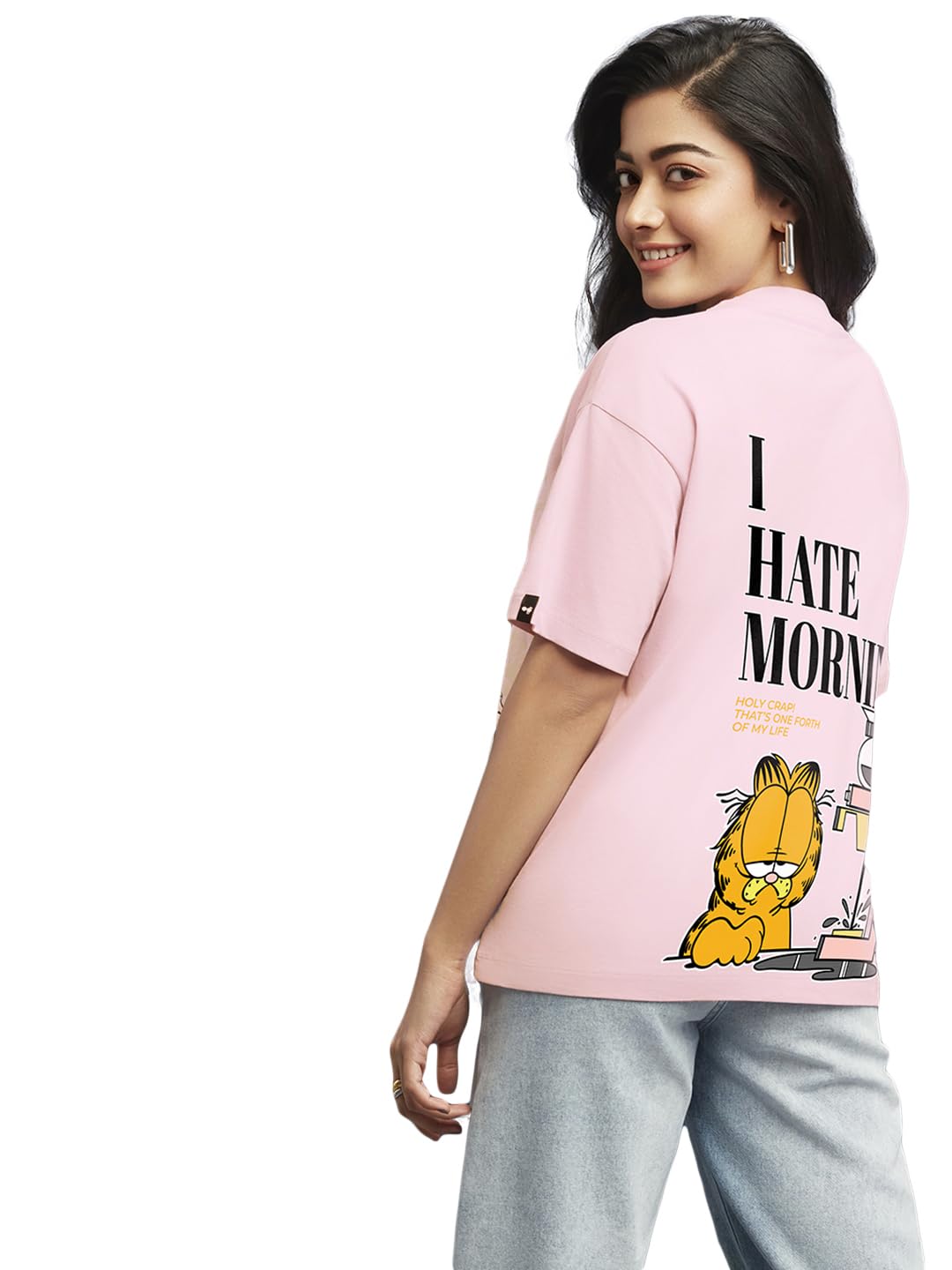 Bewakoof Women Cotton Garfield Hates Mornings Graphic Printed - Oversized Fit, Round Neck, Half Sleeves T-Shirt_585774_Pink_L