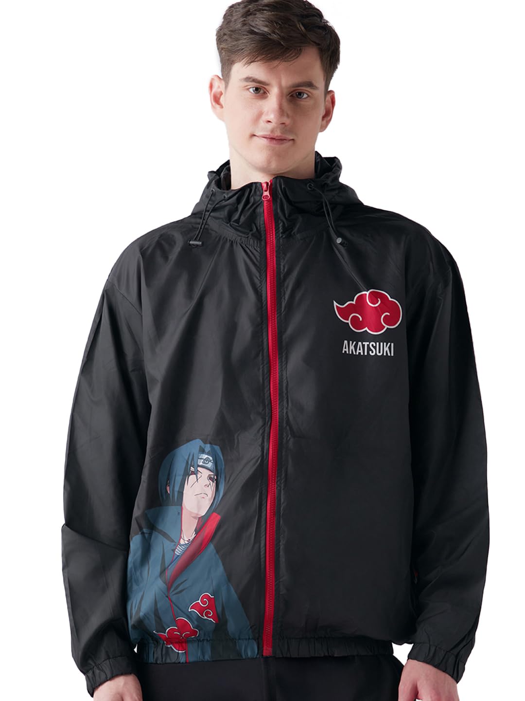 Bewakoof Air 1.0 Official Naruto Merchandise Itachi Mens Graphic Print Oversized Fit Full Sleeve Hooded Nylon Jacket_642513_Bla