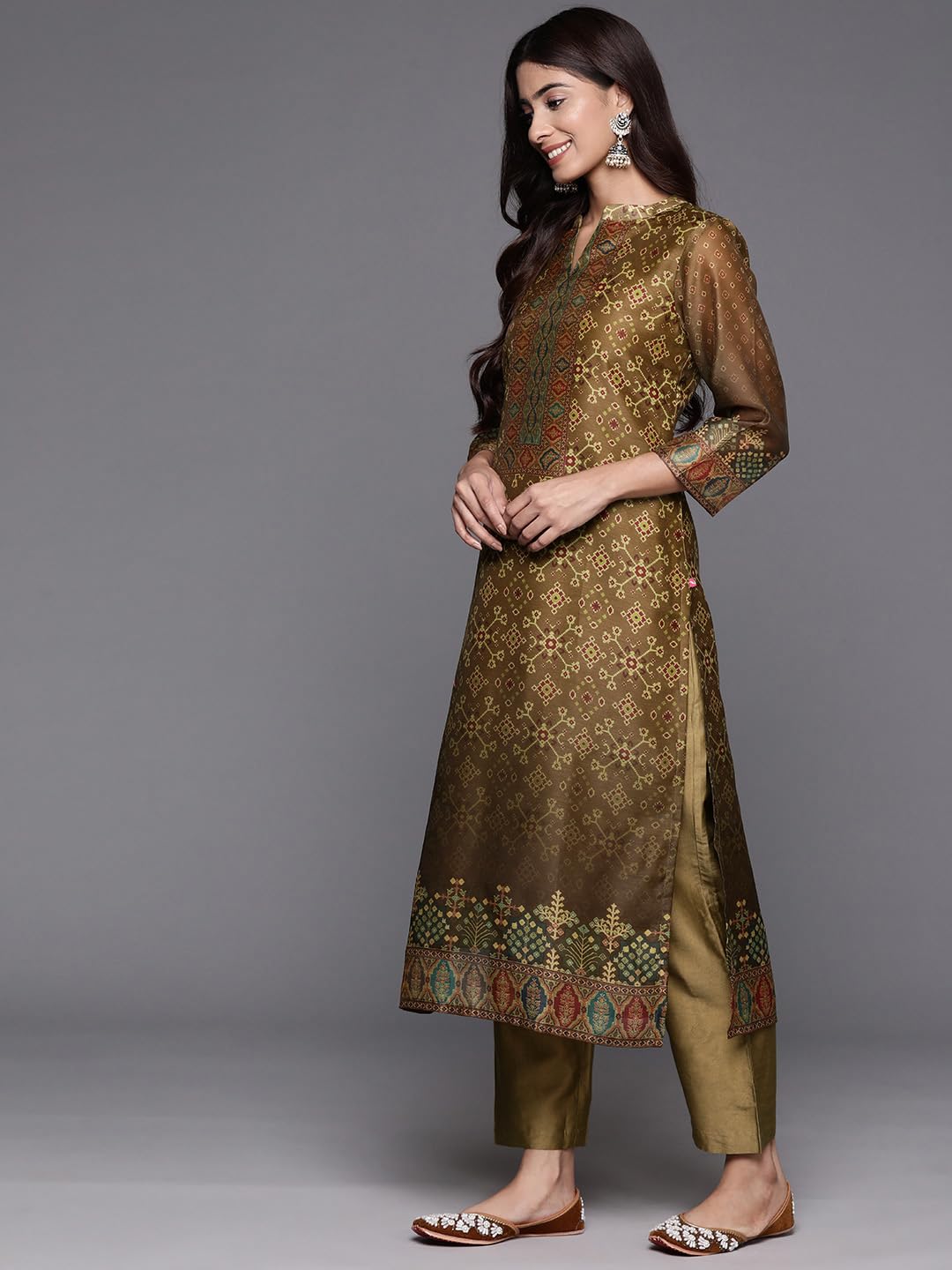 Varanga Women Olive Abstract Printed Straight Kurta Paired With Solid Bottom And Printed Dupatta