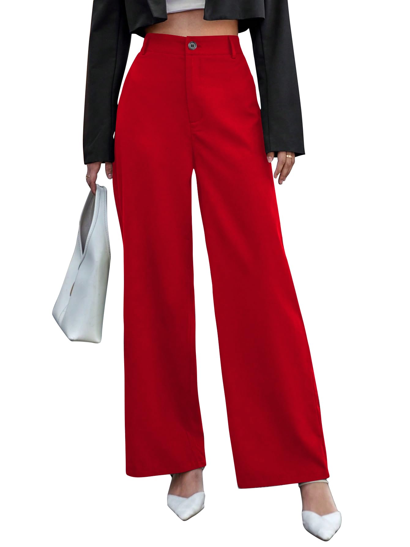 Toochki Straight Pants Trousers for Women with High Waist, Formal Spandex Pant for Women Office Wear Red