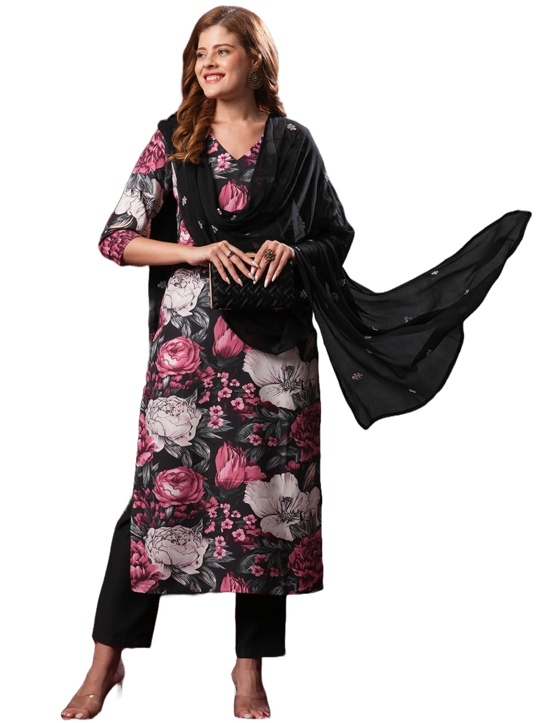 ANNI DESIGNER Womens Rayon Blend Straight Printed Kurta with Pant & Dupatta (Poona Black-VKS01_M_Black_Medium)