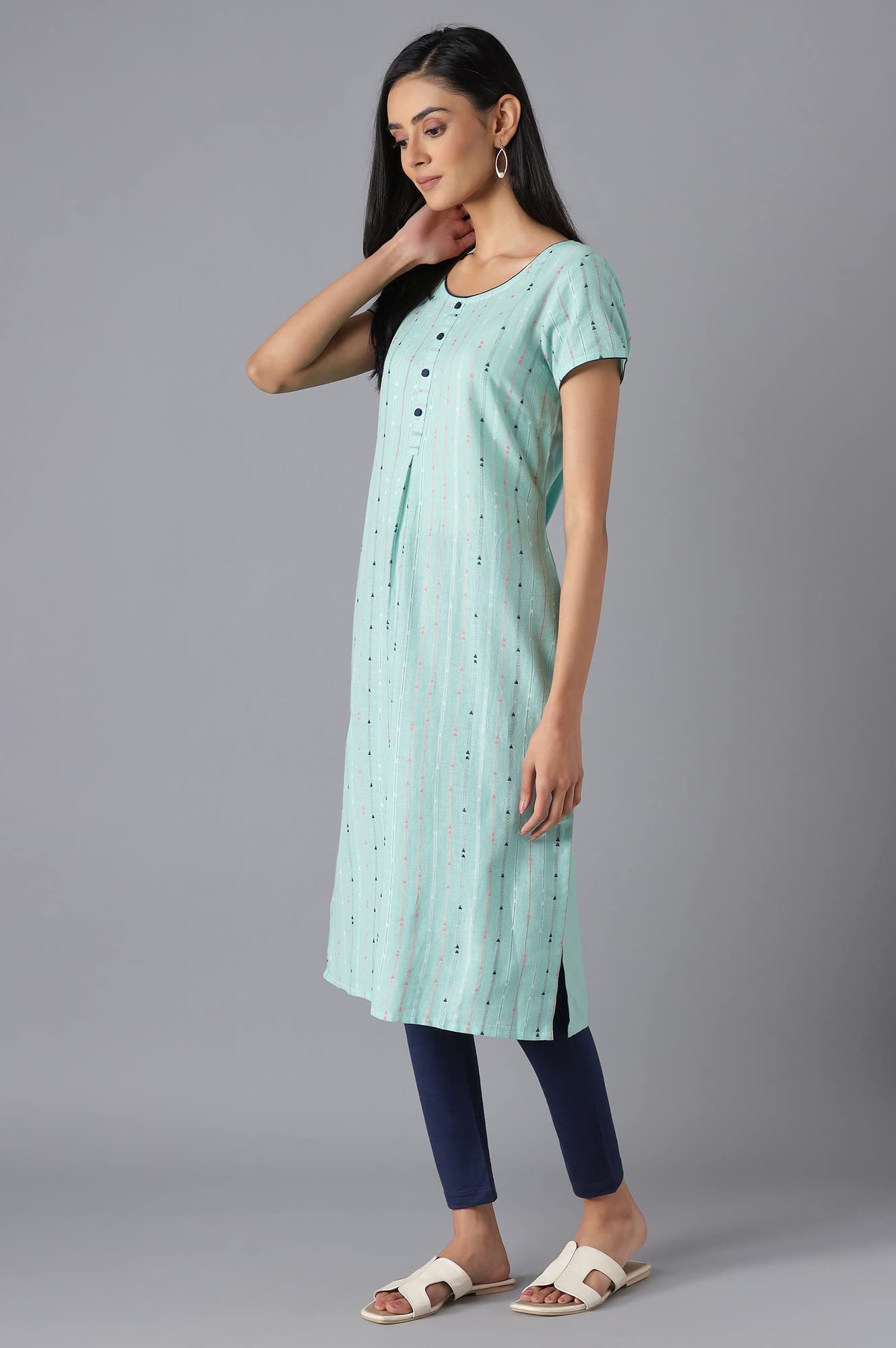 Aurelia Womens Cotton Geometric Regular Kurta (22FEA12879SS-701898_Teal Green_XS)