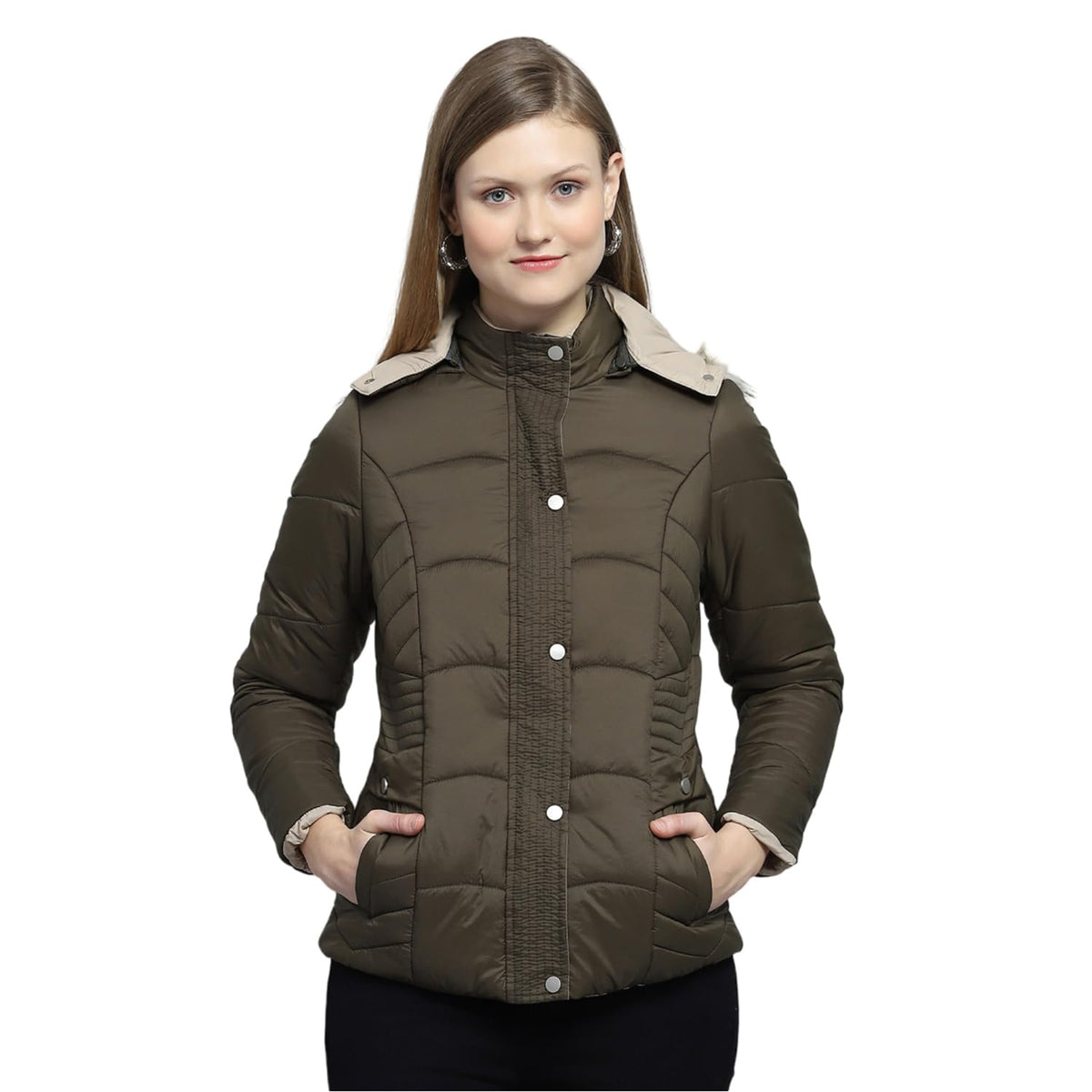Monte Carlo Womens Self Design Olive Detachable Hood Full Sleeve Jacket 2