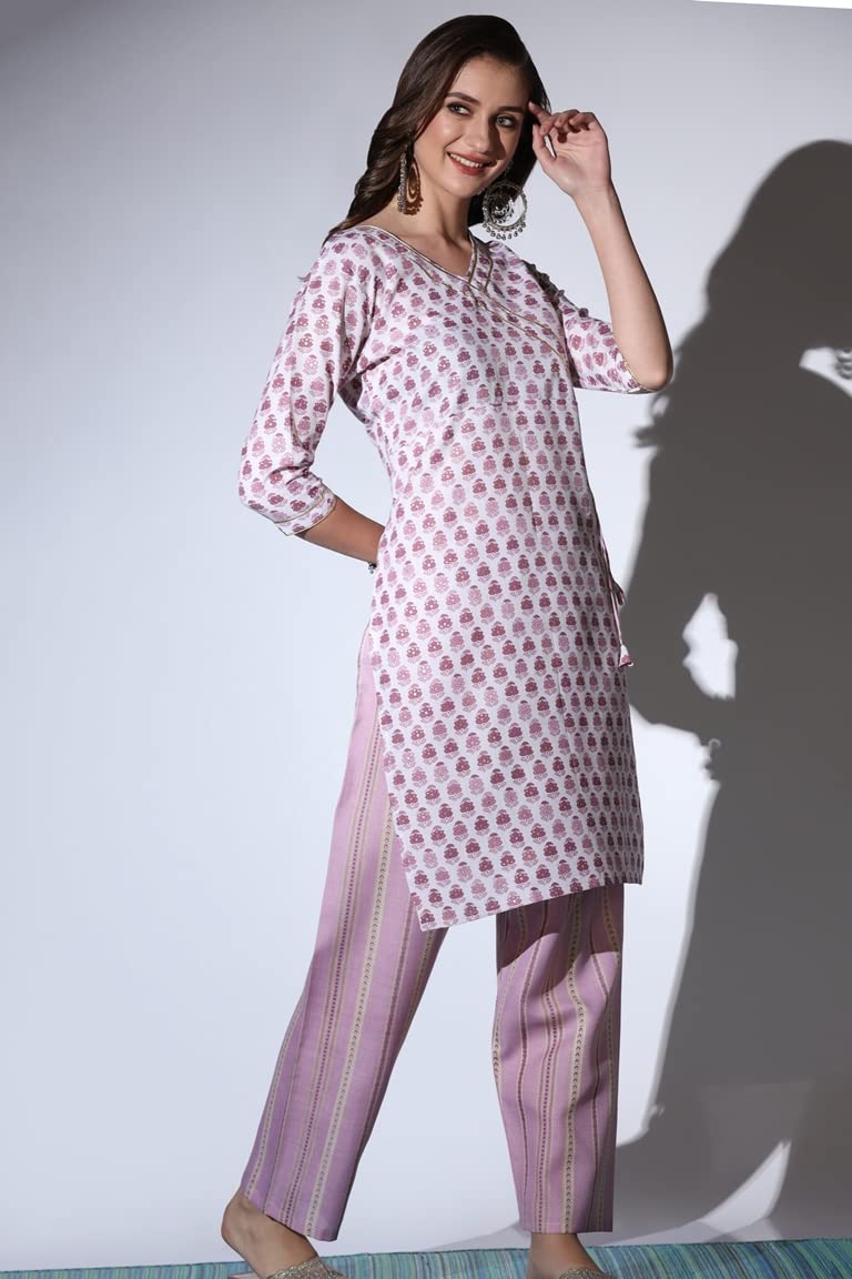 Leriya Fashion Kurti For Women | Cotton Blend Floral Foil Printed Ethnic Indian Kurtis For Women | Angrakha Style Neck With Dori & Button | Casual Kurta For Women | Gift For Girls