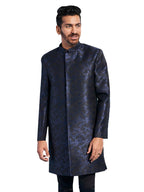 VASTRAMAY Mens Navy Blue Silk Blend Sherwani Only Top - Silk Blend Jacquard Indo Western