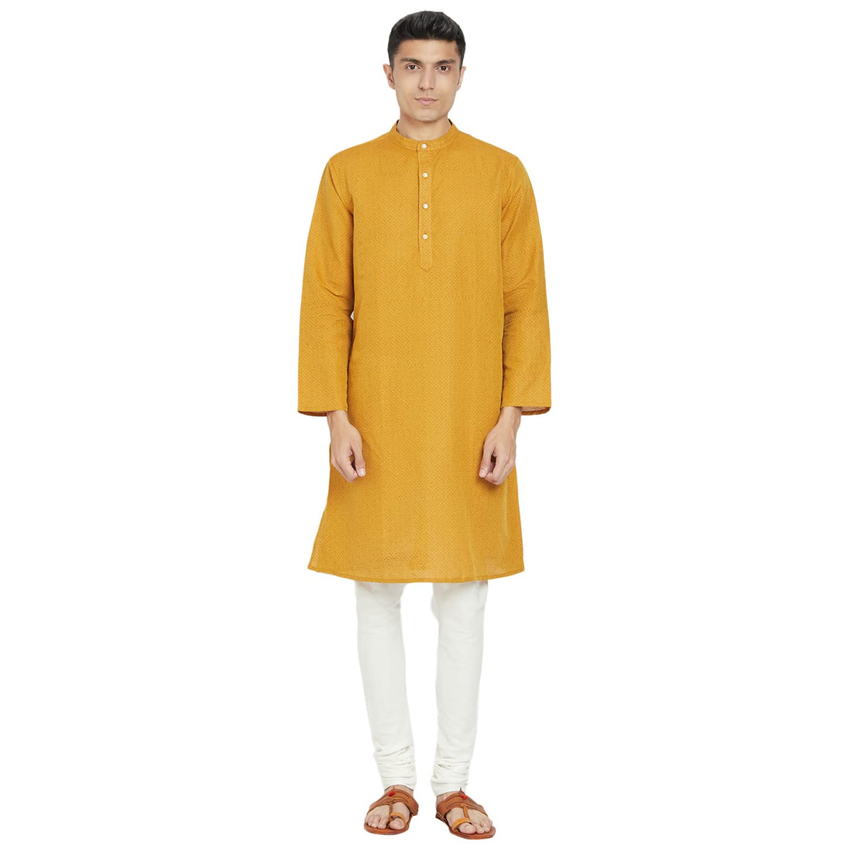 Fabindia MenS Linen Blend Printed Comfort Kurta_Mustard_M