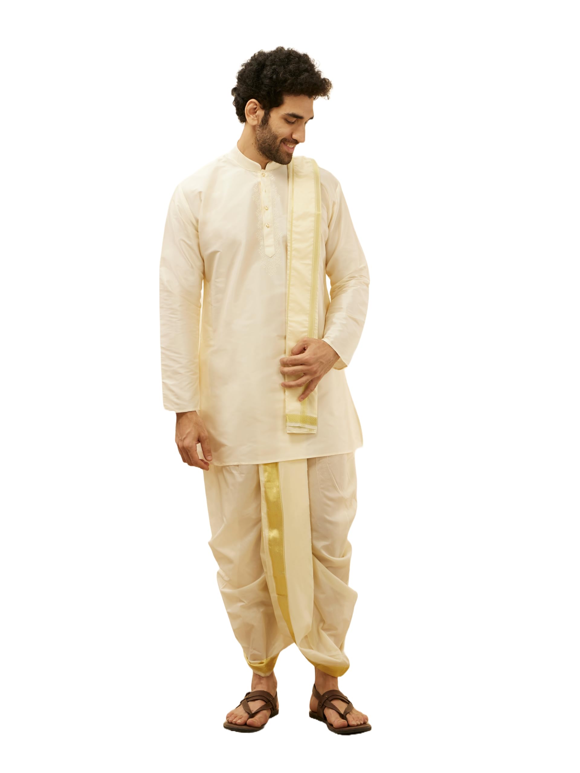 Manyavar MenS Art Silk Kurta Dhoti Set (Off White)