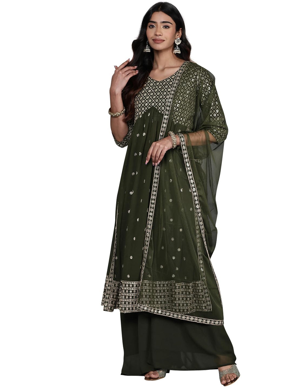 Libas Womens Embroidered Georgette A-Line Kurta With Palazzos And Dupatta