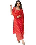 ANNI DESIGNER Women's Cotton Blend Straight Printed Kurta with Palazzo & Dupatta (Parso Red_S_Red_Small)