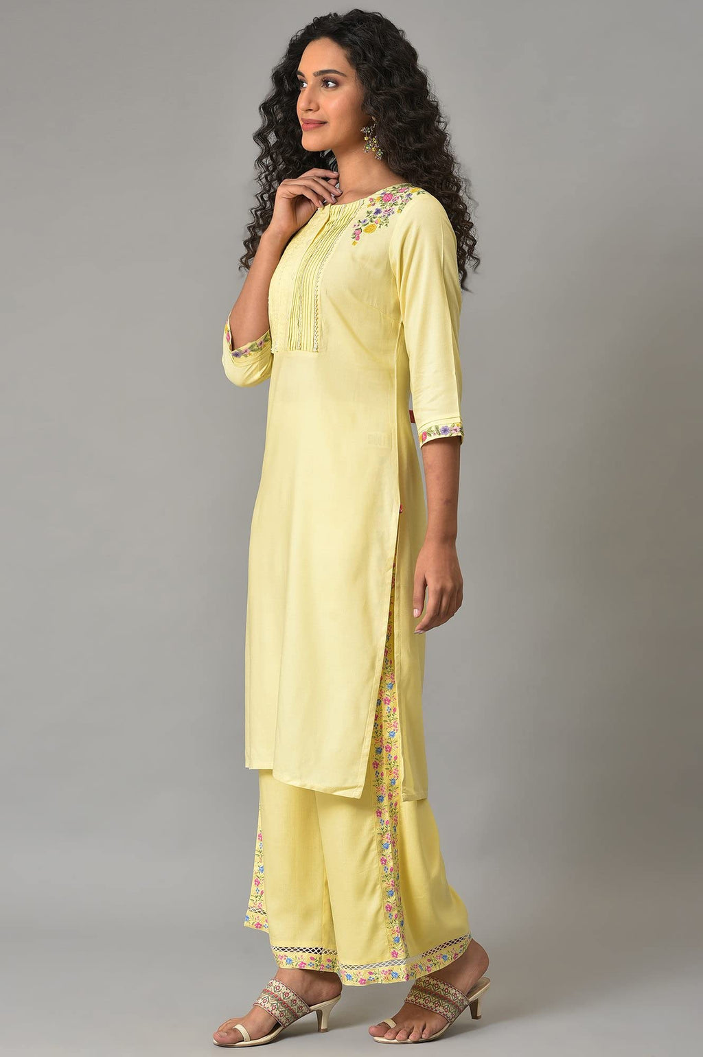 W For Woman Yellow Embroidered Plus Size Summer Kurta With Pleats On Yoke