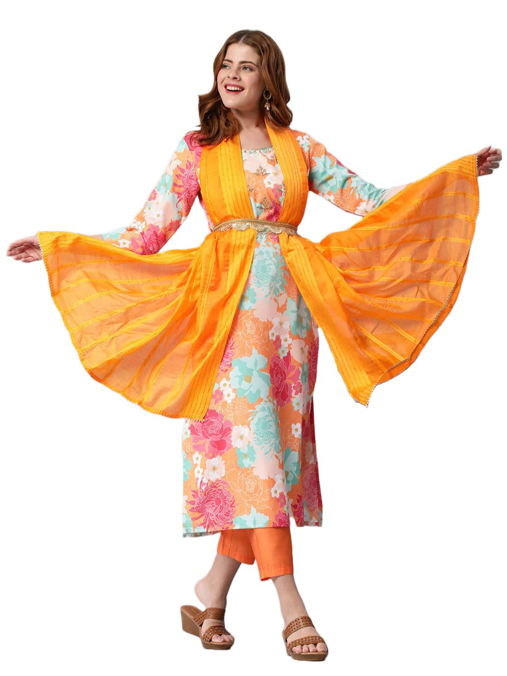 ANNI DESIGNER Women's Cotton Blend Embroidered Floral Printed Straight Kurta with Pant & Dupatta (Litup-Orange-Nw2_S_Orange_Smal