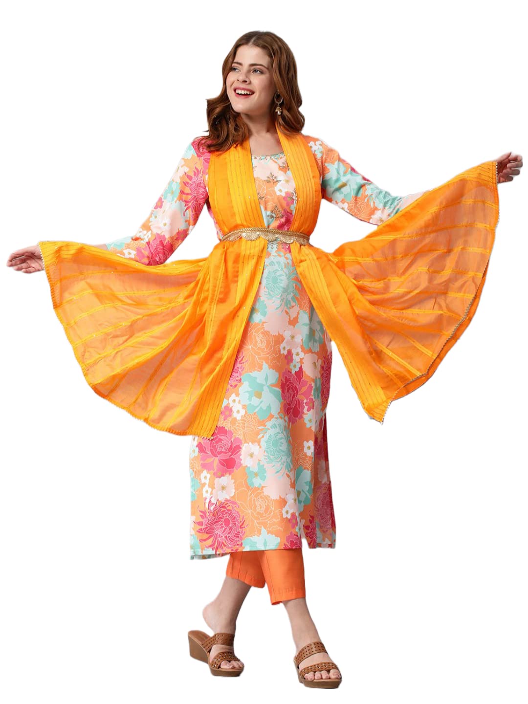 ANNI DESIGNER Women's Cotton Blend Embroidered Floral Printed Straight Kurta with Pant & Dupatta (Litup-Orange-Nw2_S_Orange_Smal