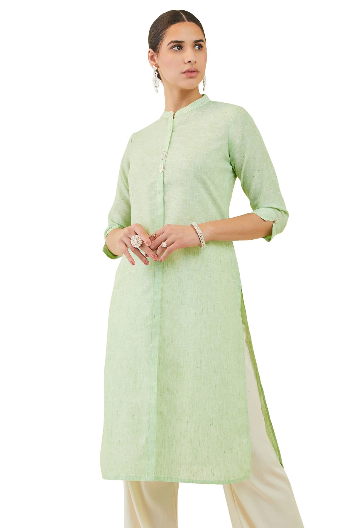 Soch Women Linen Straight Kurta with Shell Button Embellishments