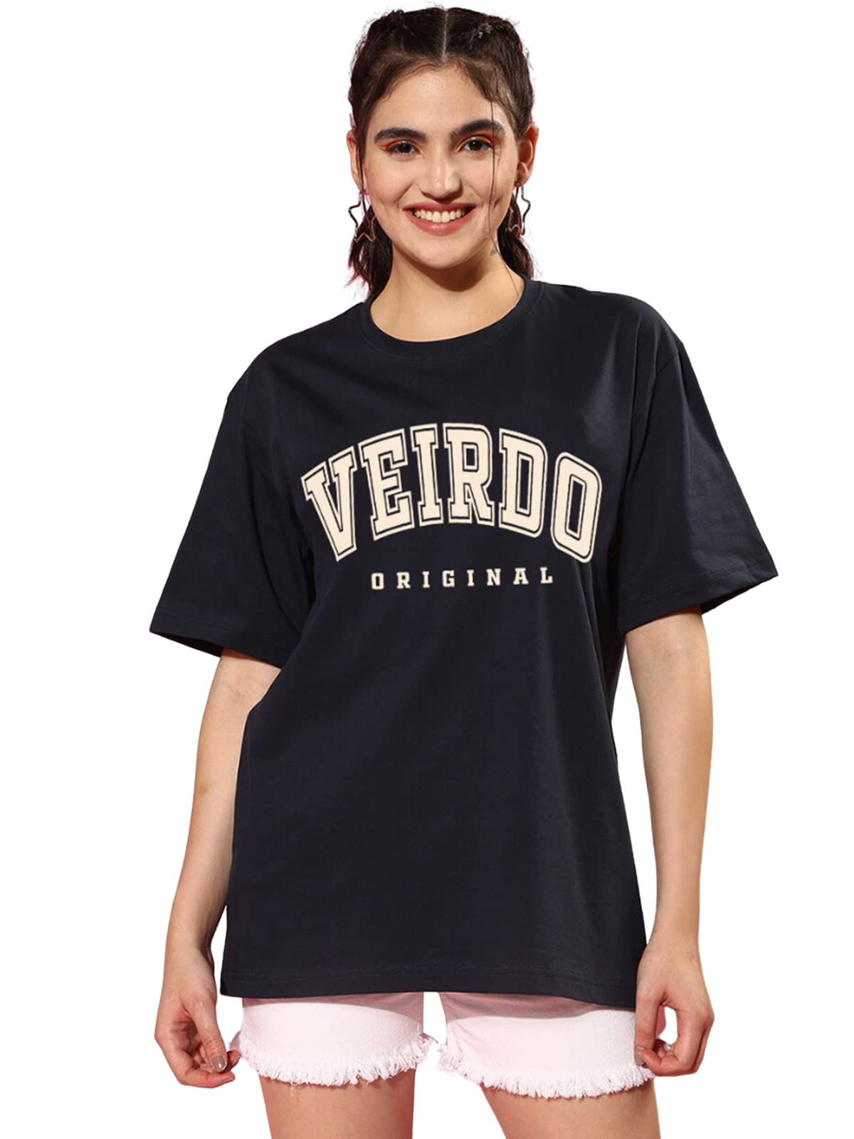 Veirdo Women's Oversized Drop Shoulders Brand Logo Typography Print Round-Neck Relaxed Fit T-Shirt