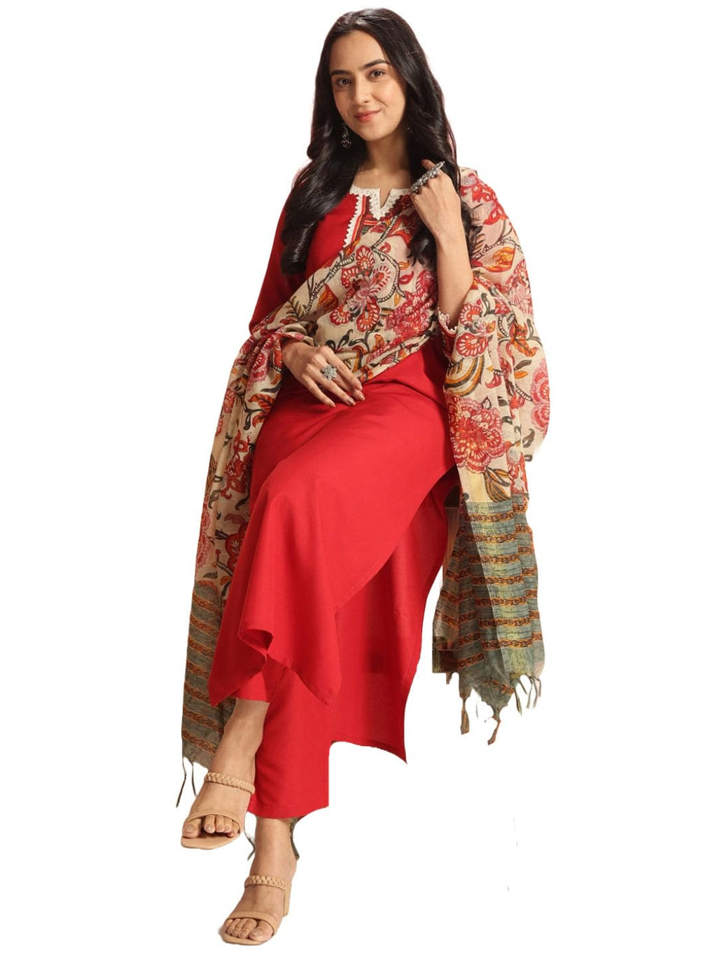 ANNI DESIGNER Womens Rayon Viscose Floral Straight Kurta with Pant & Dupatta (Dhar-CLRS-RB_Red_X-Large)