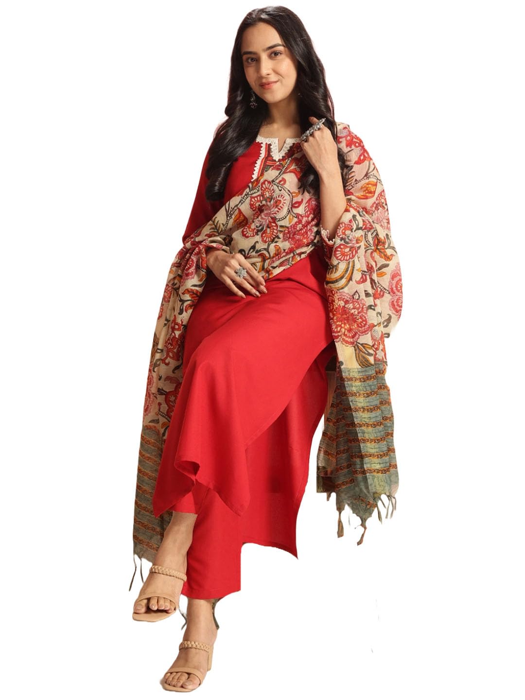 ANNI DESIGNER Womens Rayon Viscose Floral Straight Kurta with Pant & Dupatta (Dhar-CLRS-RB_Red_XX-Large)
