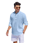 Hemrin Men Solid Cotton Blend Straight Kurta Shirt Sky Blue