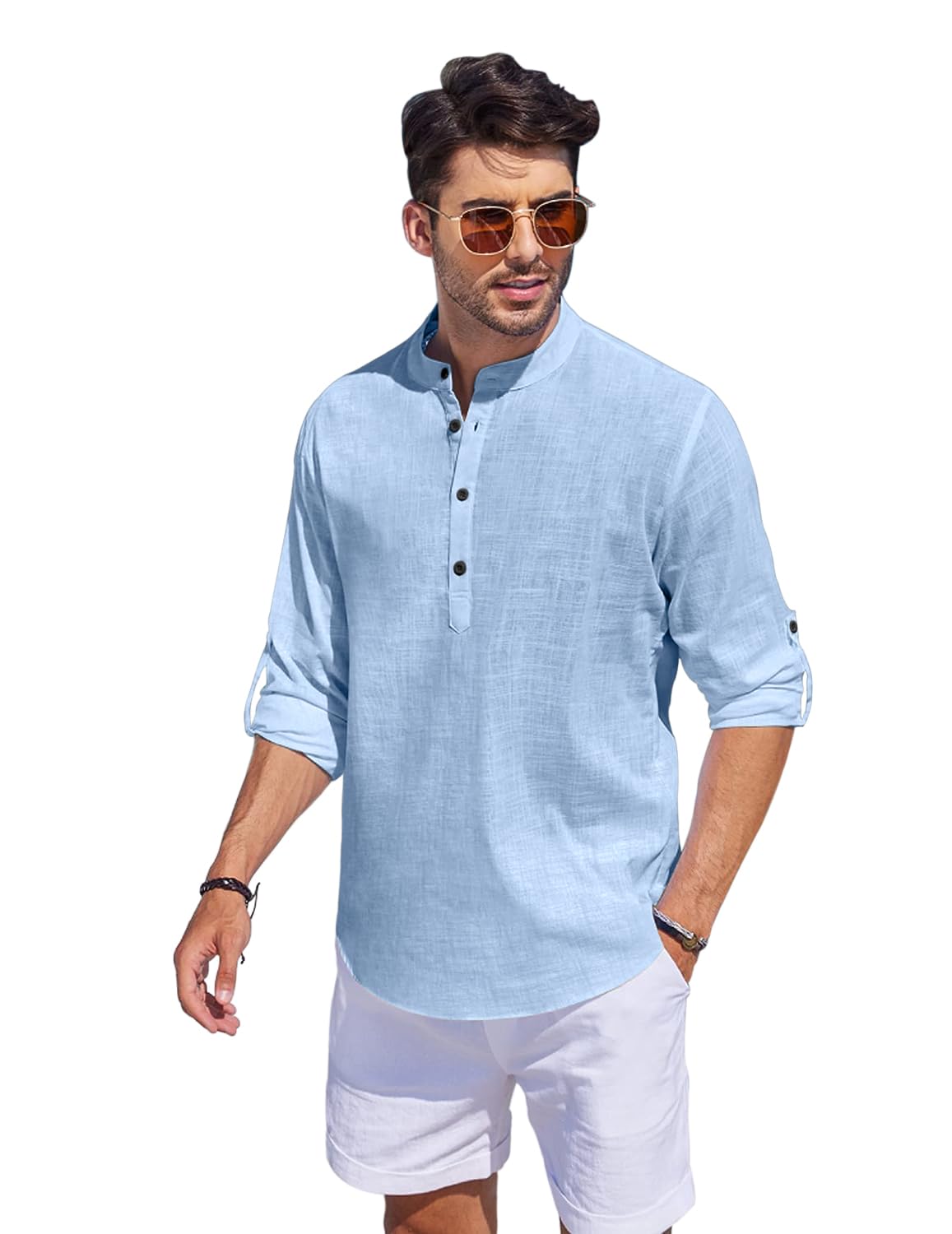Hemrin Men Solid Cotton Blend Straight Kurta Shirt Sky Blue