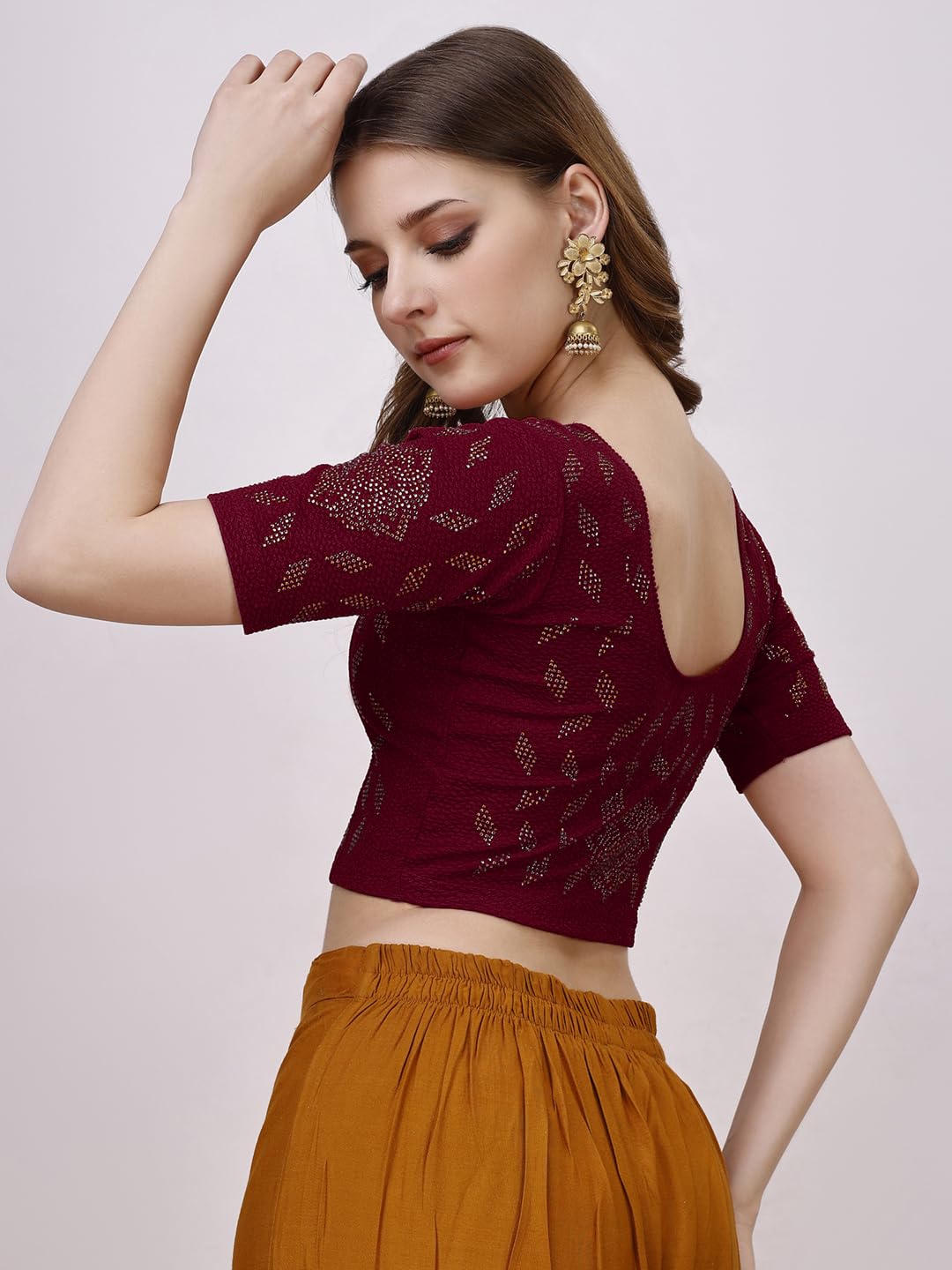 Pujia Mills WomenS Readymade Hosiery Lycra Stretchable Round Neck Half Sleeve Blouse With Swaroski Work Fancy Lycra Stretchable