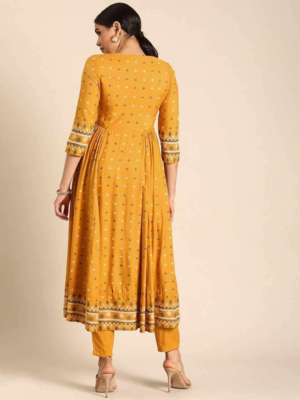 ANNI DESIGNER Womens Rayon Viscose Anarkali Printed Kurta with Pant (Dawara Yellow_L_Yellow_Large)