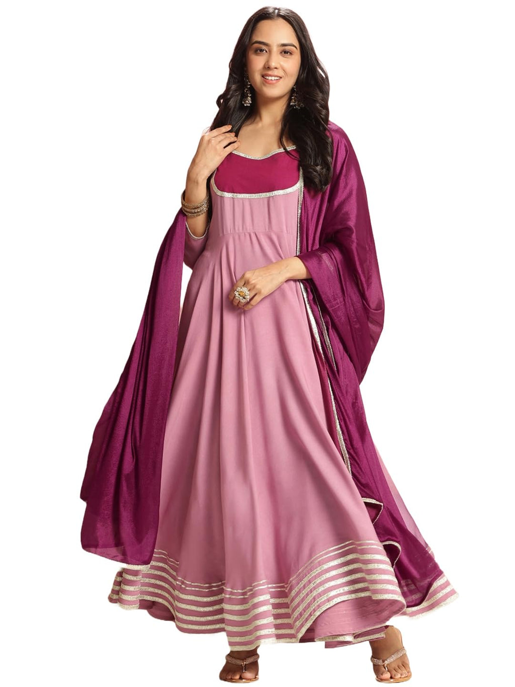 ANNI DESIGNER Anarkali Women s Plain Viscose Kurta with Trousers and Dupatta, lavender, 2XL