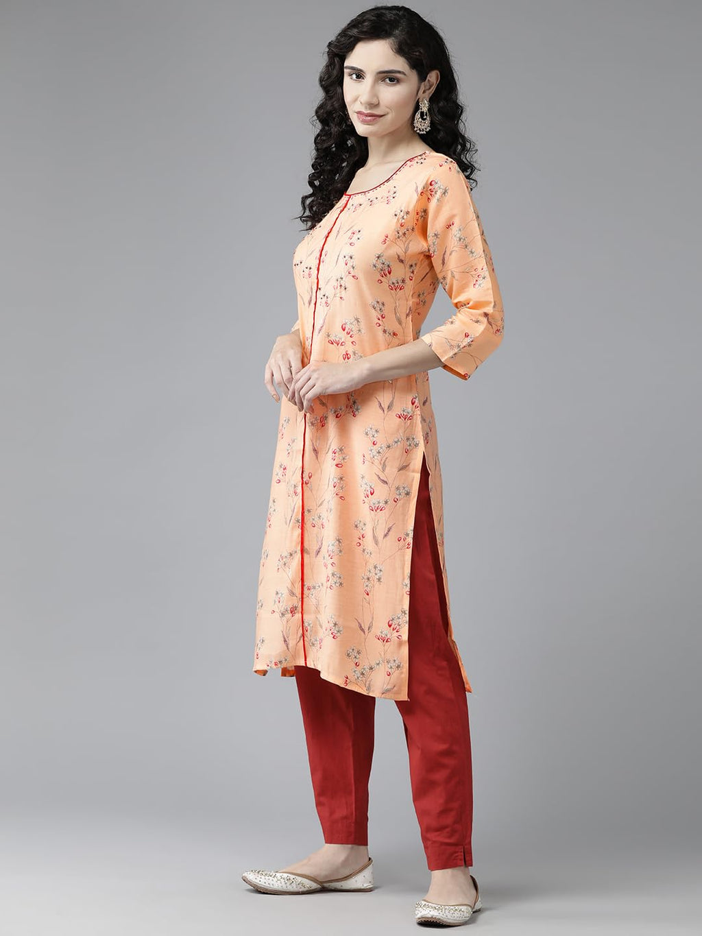 Aarika Womens Peach Colour Cotton Blend Floral Print Kurti