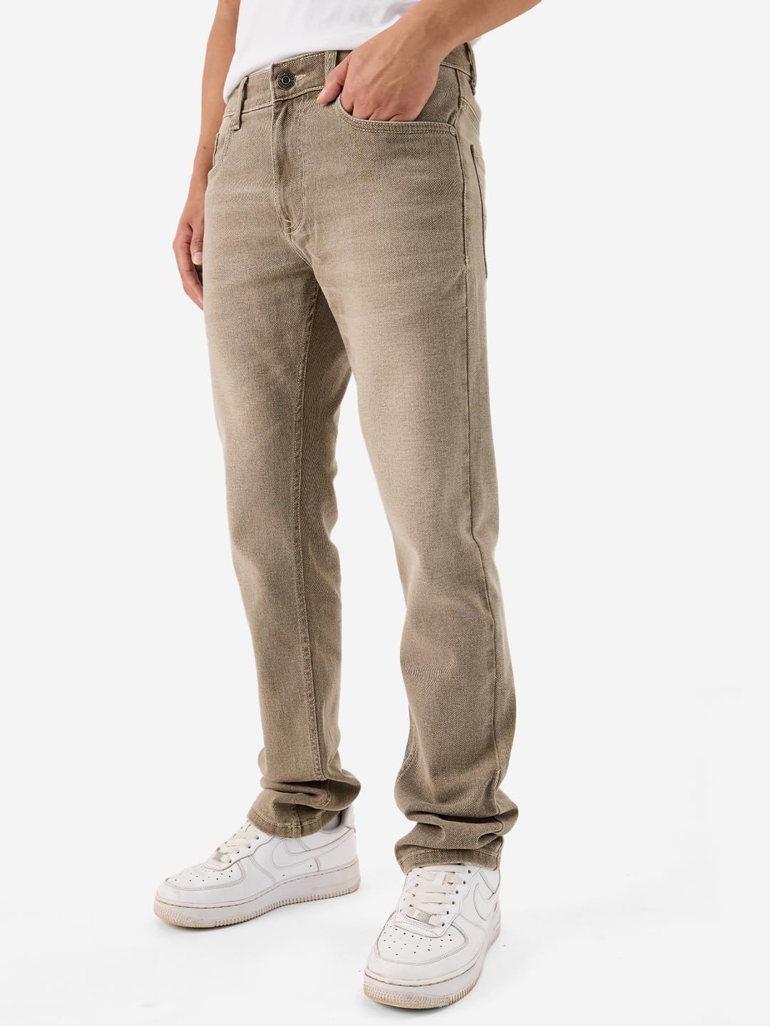 The Souled Store Denim: Camel Brown Men and Boys Buttoned Solid Cotton Blend Slim Fit Jeans