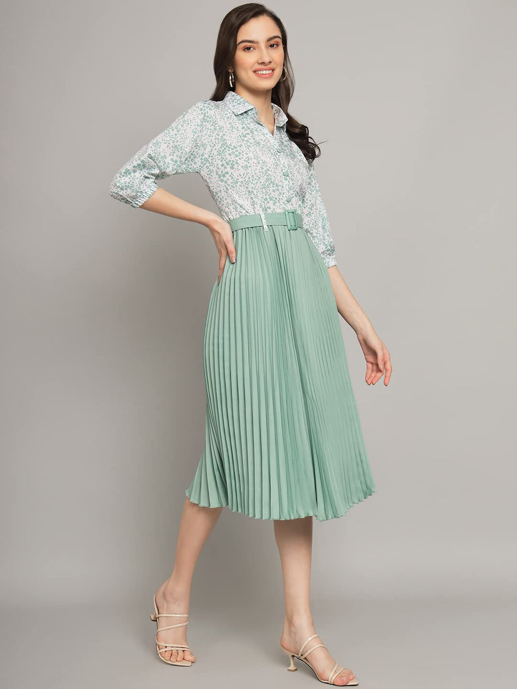 Kzully | Elegant A-Line Dress: Collared V-Neck Top, Pleated Skirt With Elastic Waist, Includes Belt Pista