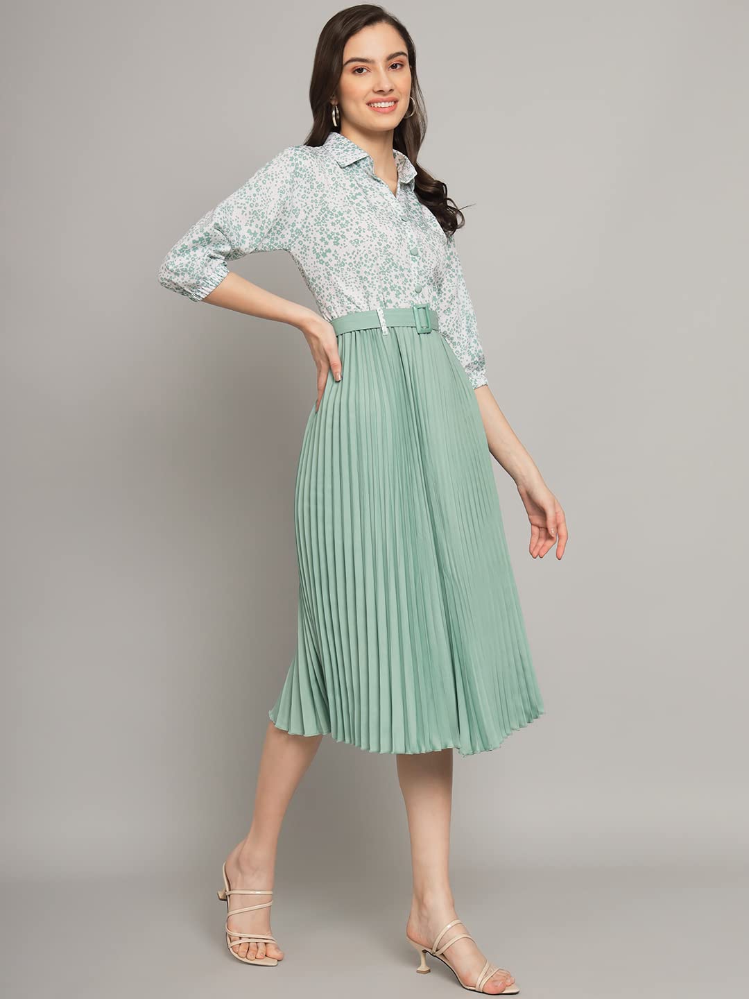 Kzully | Elegant A-Line Dress: Collared V-Neck Top, Pleated Skirt With Elastic Waist, Includes Belt Pista