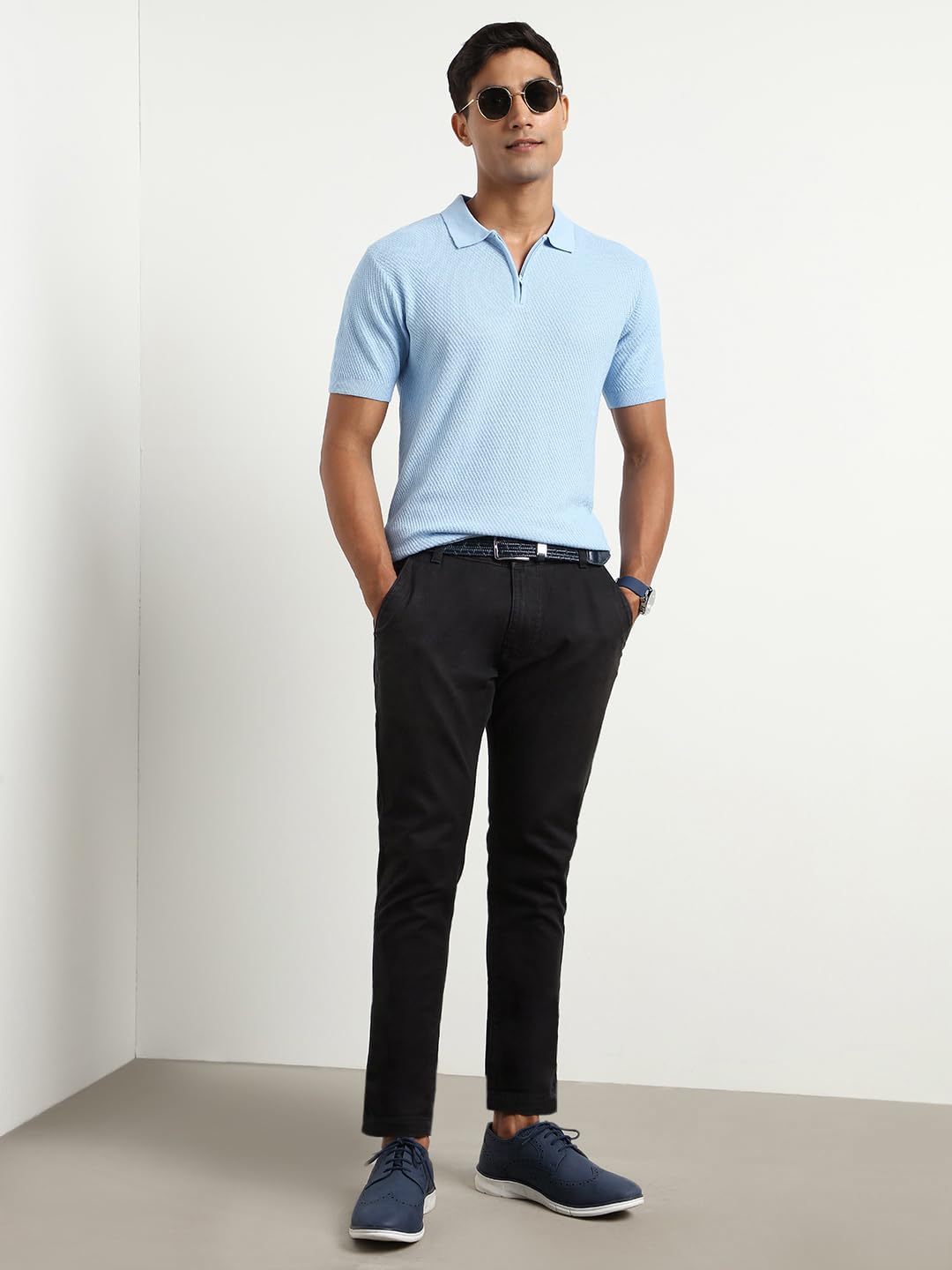 Nobero MenS Self Design Regular Fit Polo Shirt (1M-Twpo-R0014_Powder Blue