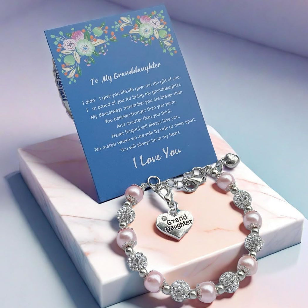 DOLON Pink Faux Pearls Beaded Heart Charm Granddaugther Bracelet Jewelry with Rhinestone Balls Faux Pearl Birthday Christmas Hol