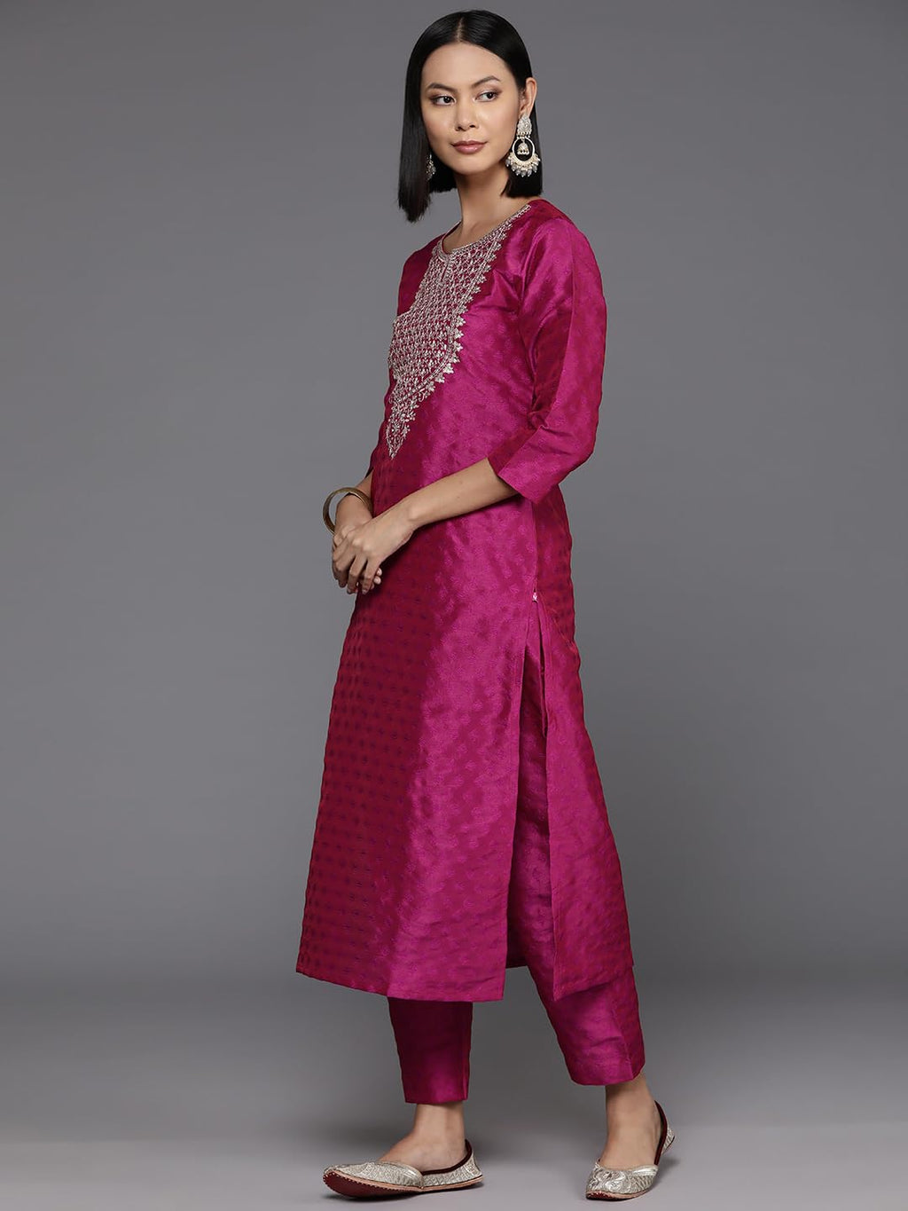 Varanga Women Pink Embroidered Straight Kurta Paired With Tonal Bottom And Dupatta