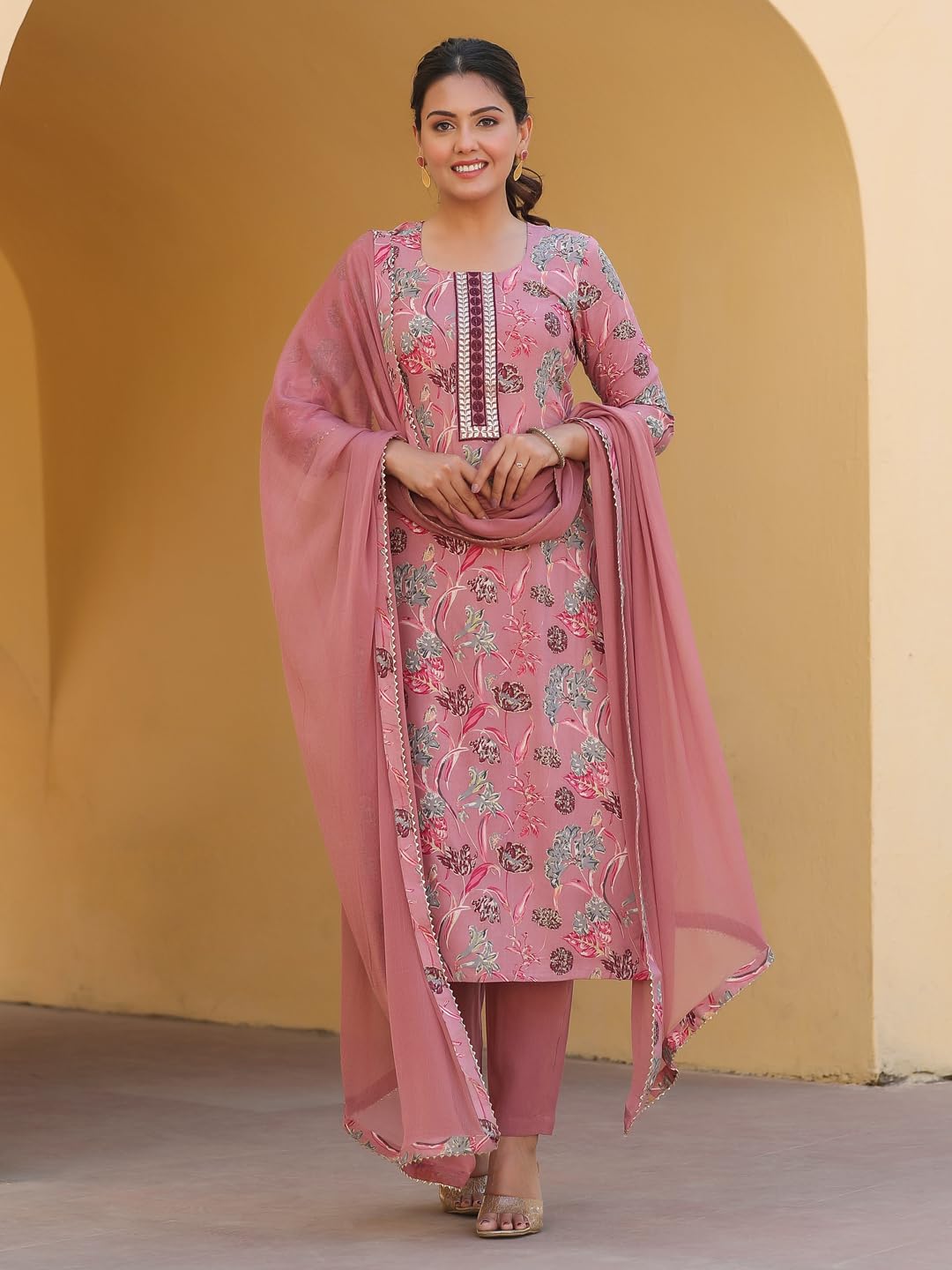 ANNI DESIGNER Women s Rayon Blend Kurta with Trousers and Dupatta, peach, 50