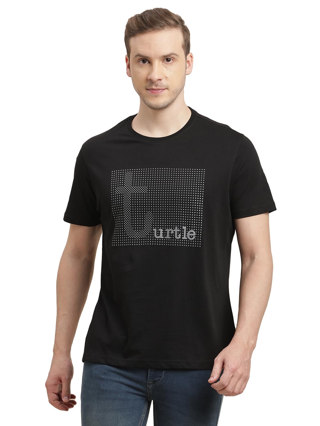 Turtle Men Knitted Black Printed Crew Neck T-Shirt