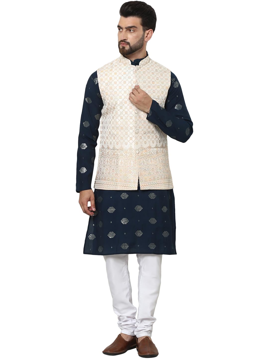 SOJANYA (Since 1958 Mens Cotton Silk Sequinned Embroidered Navy Kurta and White Pyjama with Cream Nehru Jacket
