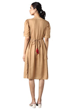 Aure Collection By Aurelia Beige Embroidered Dress With Gathers