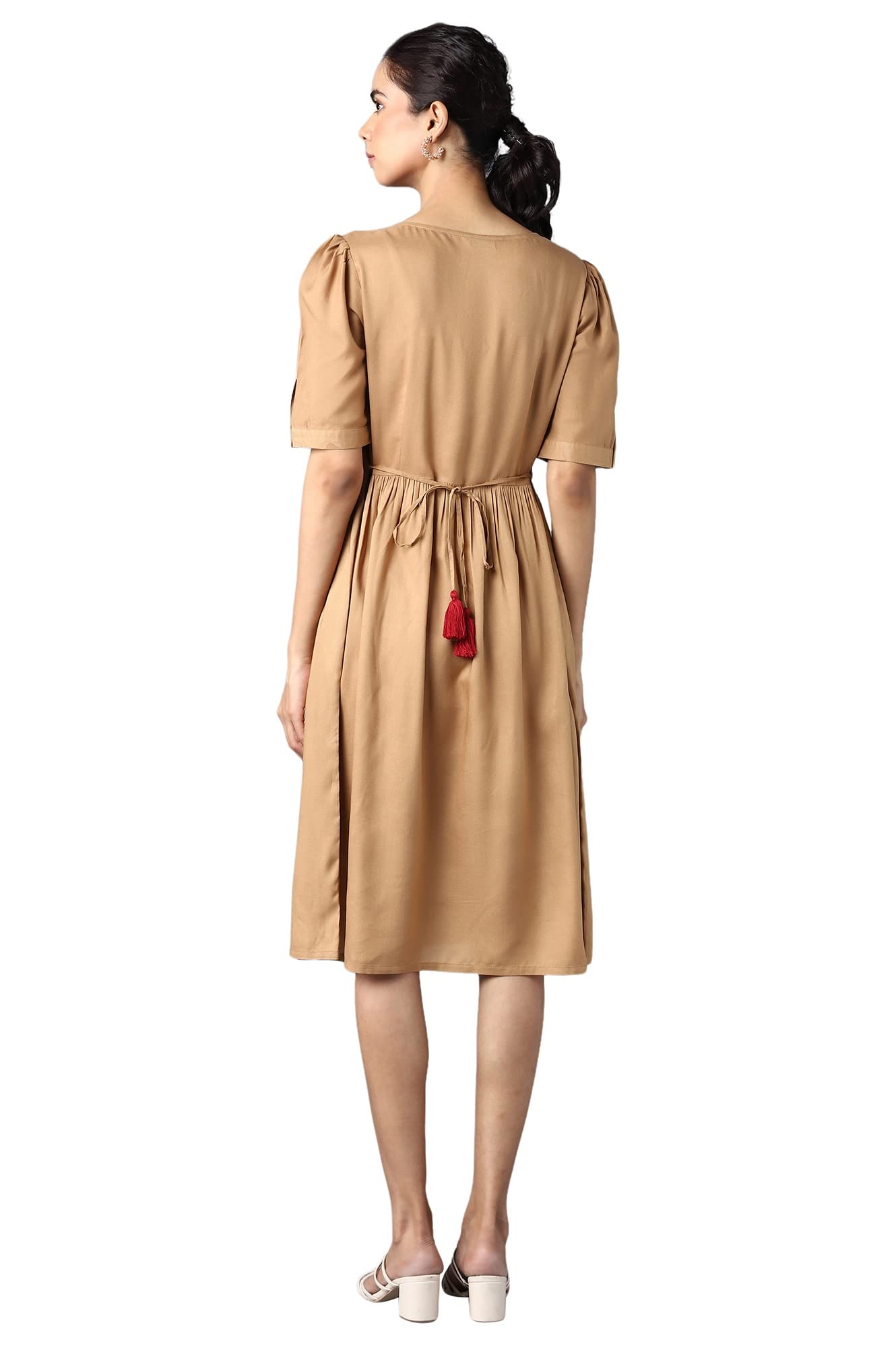 Aure Collection By Aurelia Beige Embroidered Dress With Gathers