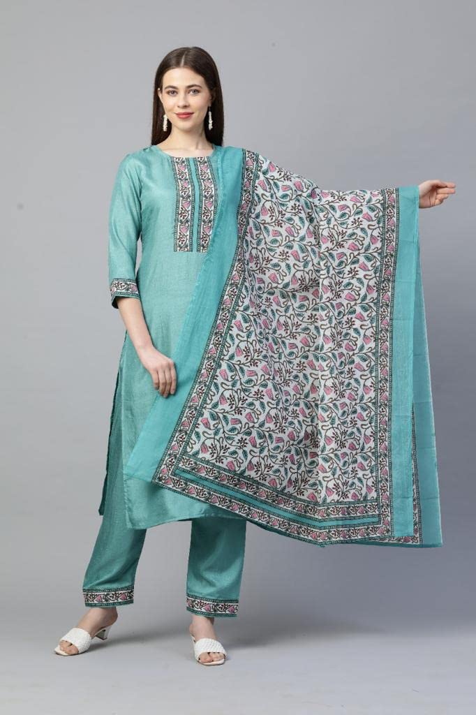 Anni Designer Women'S Silk Blend Straight Kurta With Pant & Dupatta (Deal-Sea-Green)
