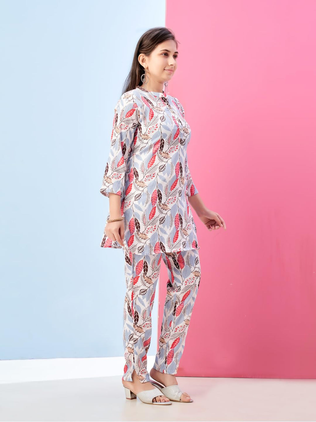 Aarika Girls Casual Wear White Colour Leafs Print Polyester Co-ord Set-8-15 Years (KP-TR-K-987)