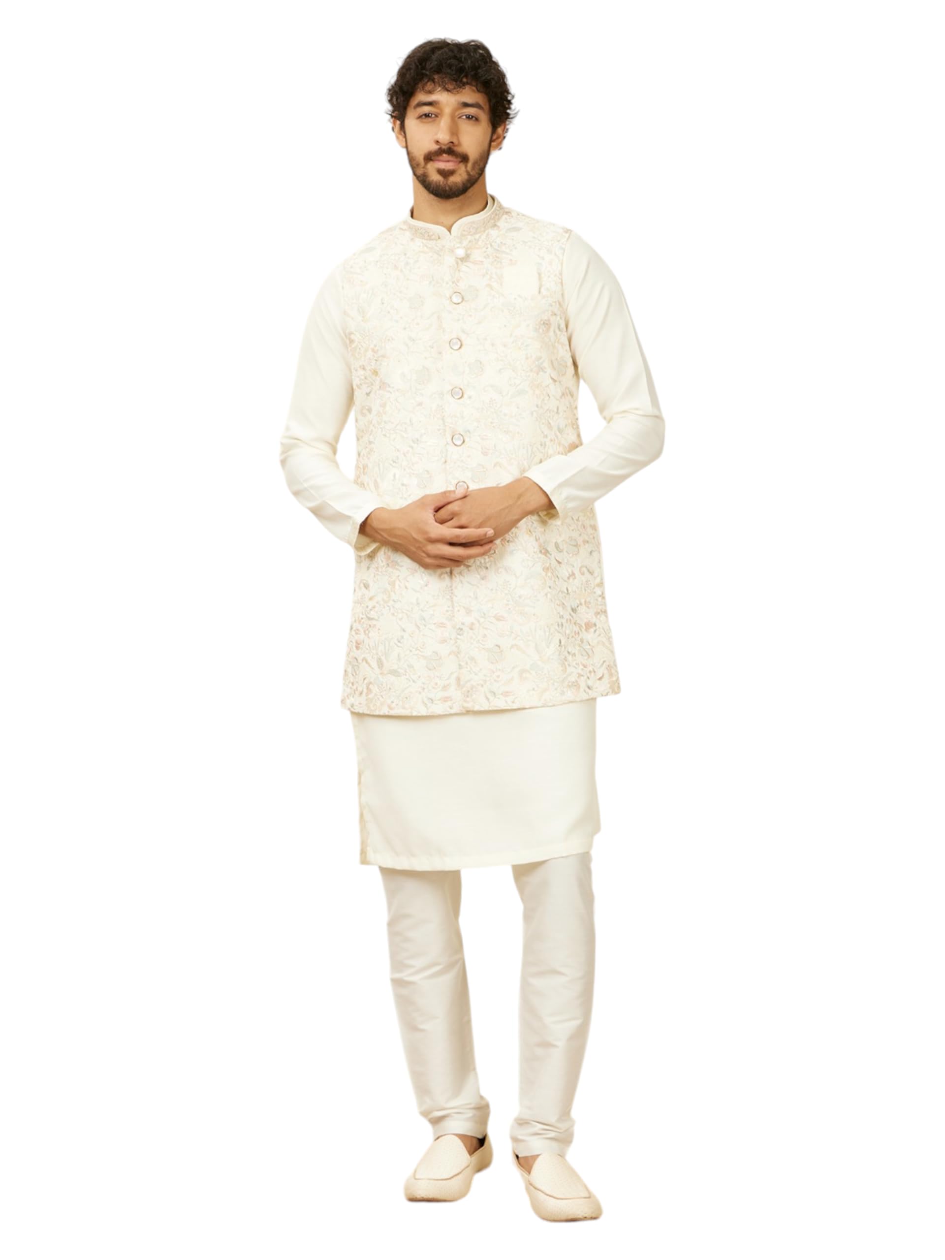 Manyavar Warm White Satin|Satin Embroidery|Stone Work Kurta Jacket Pyjama Set For Men