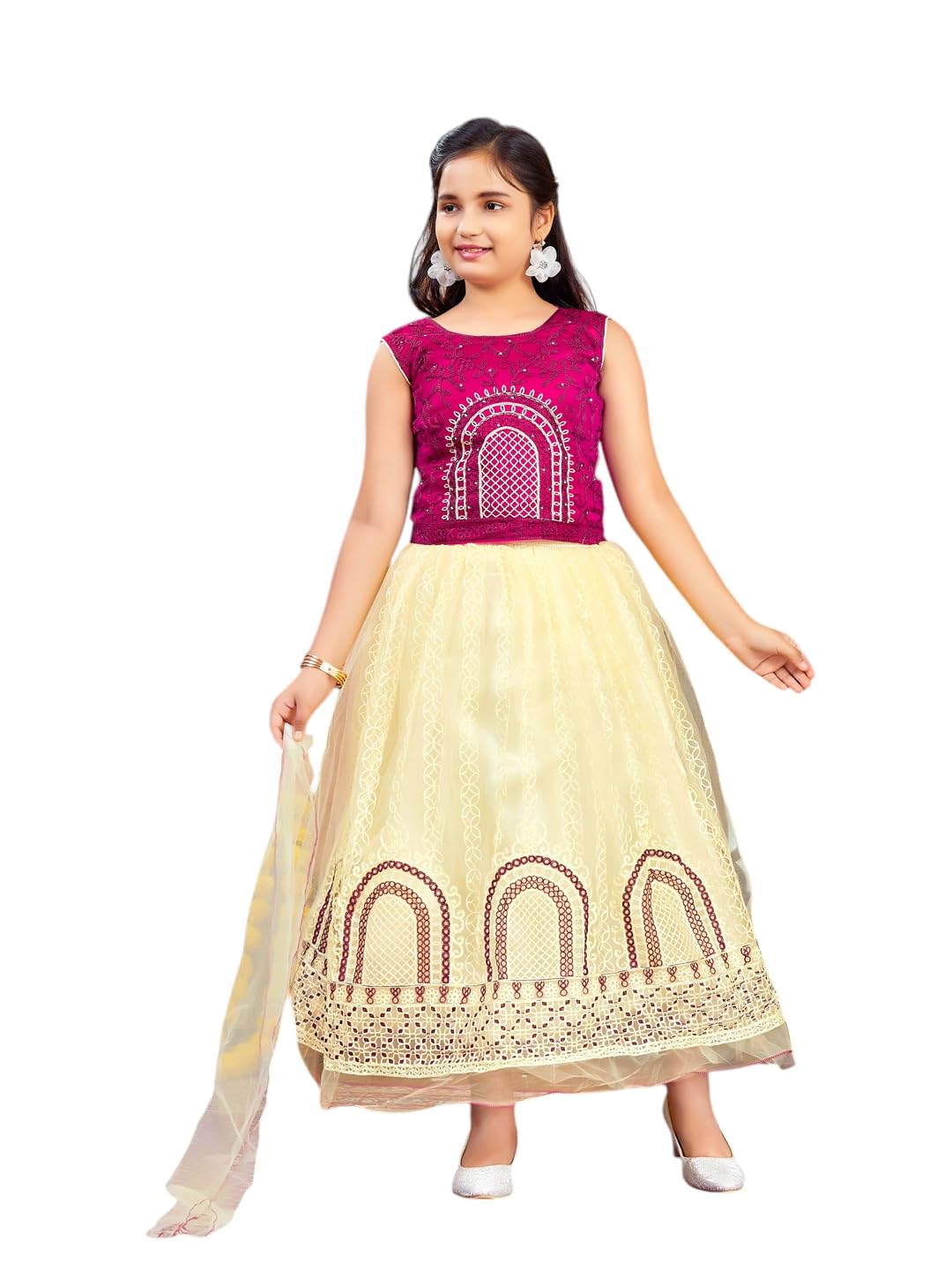Aarika Girls Ethnic Wear Maroon-Beige Colour Thread Embroidery Net Lehenga Choli Set (4-10 Years)