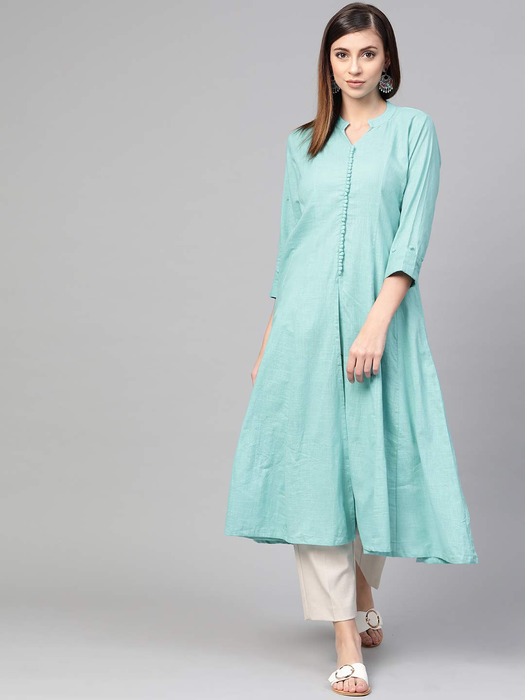 Idalia, Mandarin Collar, Chic Ethnic Look, Anarkali Dress, Anarkali Suit Dress, Cotton Kurta Set With 3/4 Sleeves, Knee-Length,
