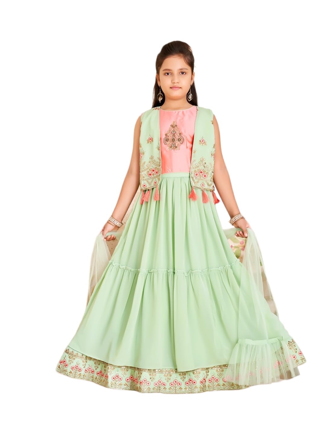 Aarika Girls Ethnic Wear Peach Colour Thread Sequin Embroidery Silk Lehenga Choli Set With Jacket (8-16 Years)