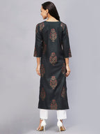 ANNI DESIGNER Womens Cotton Blend Straight Printed Kurta with Pant Set (Black009-Green_L_Blue_Large)