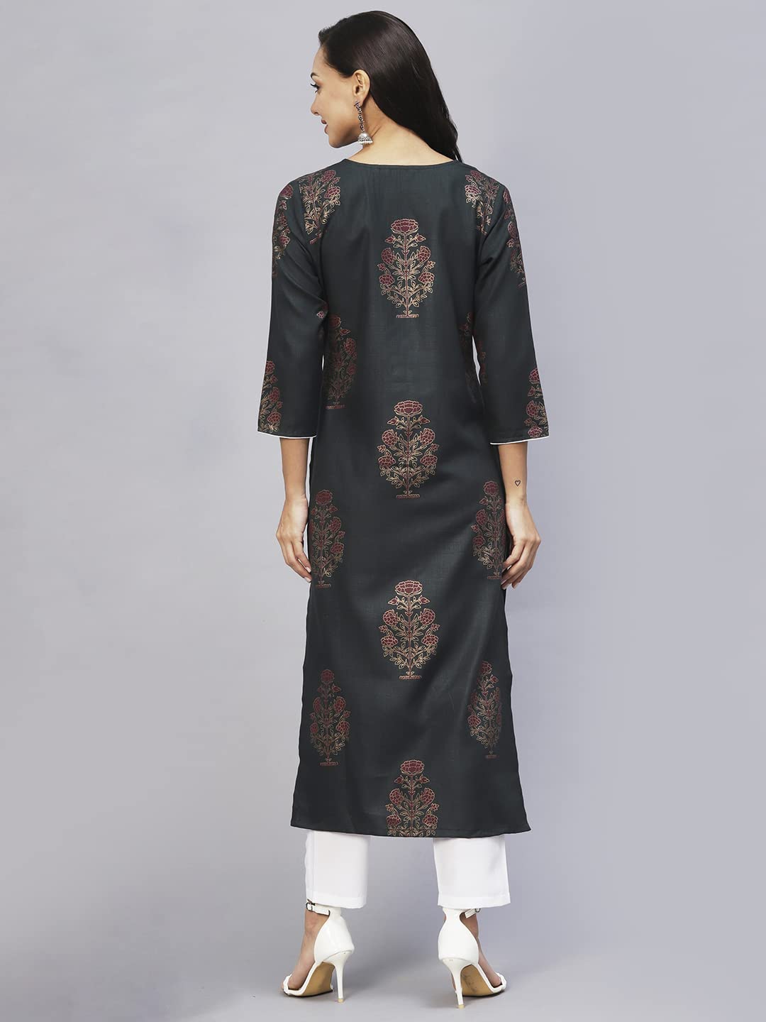ANNI DESIGNER Womens Cotton Blend Straight Printed Kurta with Pant Set (Black009-Green_L_Blue_Large)