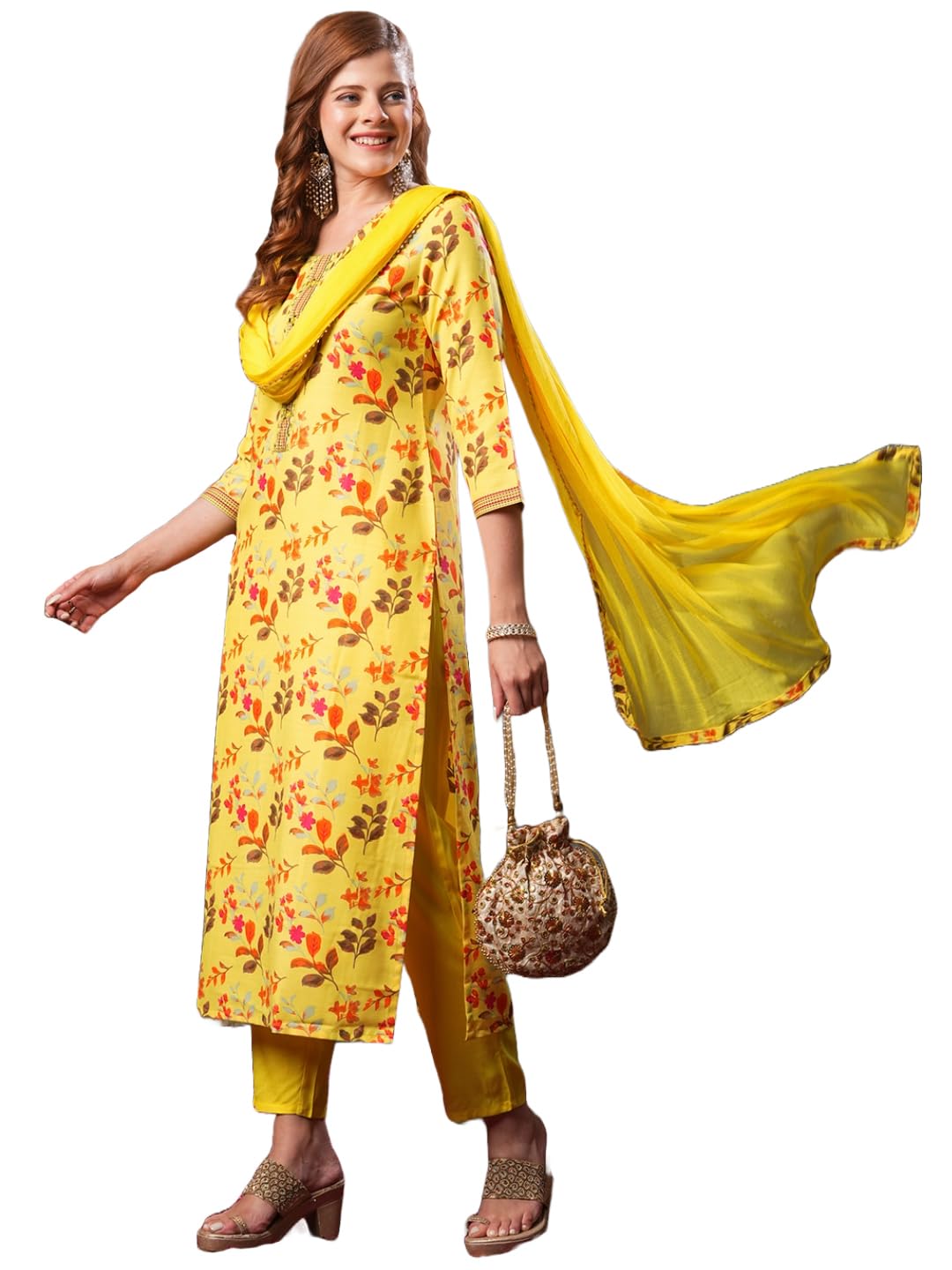ANNI DESIGNER Womens Cotton Blend Printed Straight Kurta and Pant with Dupatta (KALEPING-Yellow_XXL_Yellow_XX-Large)