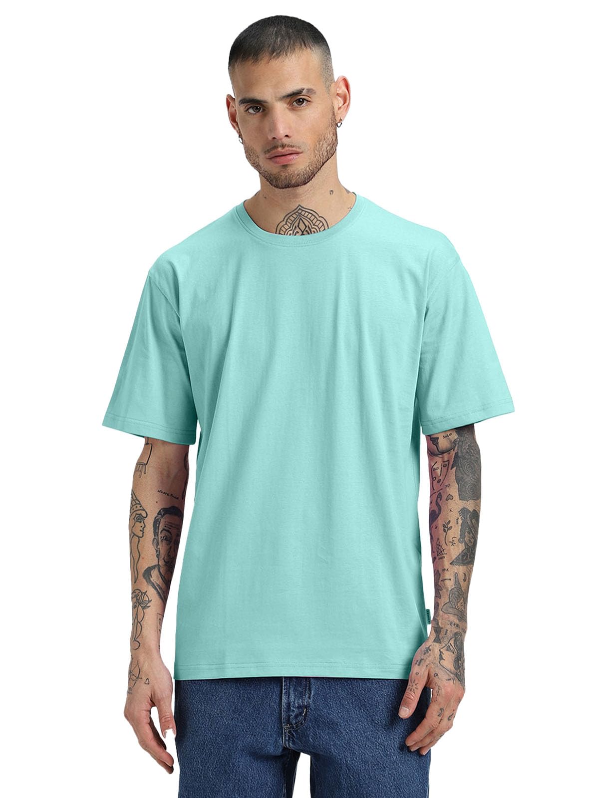 Veirdo Men's Cotton Short Sleeve Round Neck Oversized Fit Solid Ice T-Shirt Men