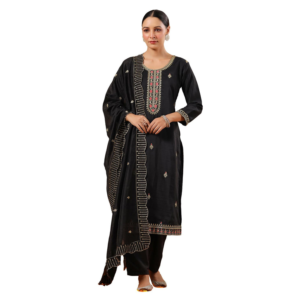 Ishin Women'S Poly Silk Ethnic Motifs Zari Black Straight Kurta Suit Set With Trousers And Dupatta