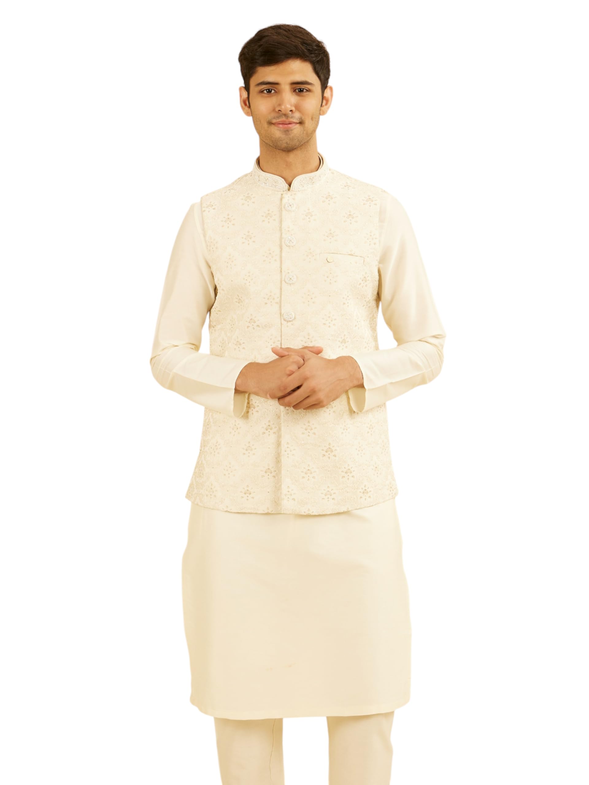 Manyavar Mens Brocade Stone Embellished Nehru Jacket (Cream,XXL)
